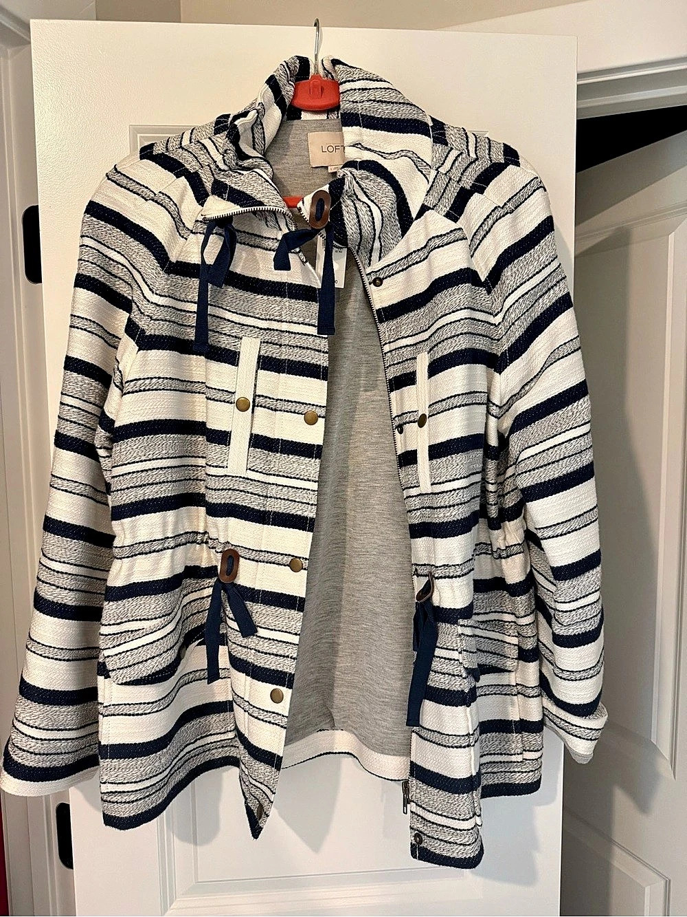 LOFT Striped Utility Jacket Striped Tie-Front Jacket Blue & White Large